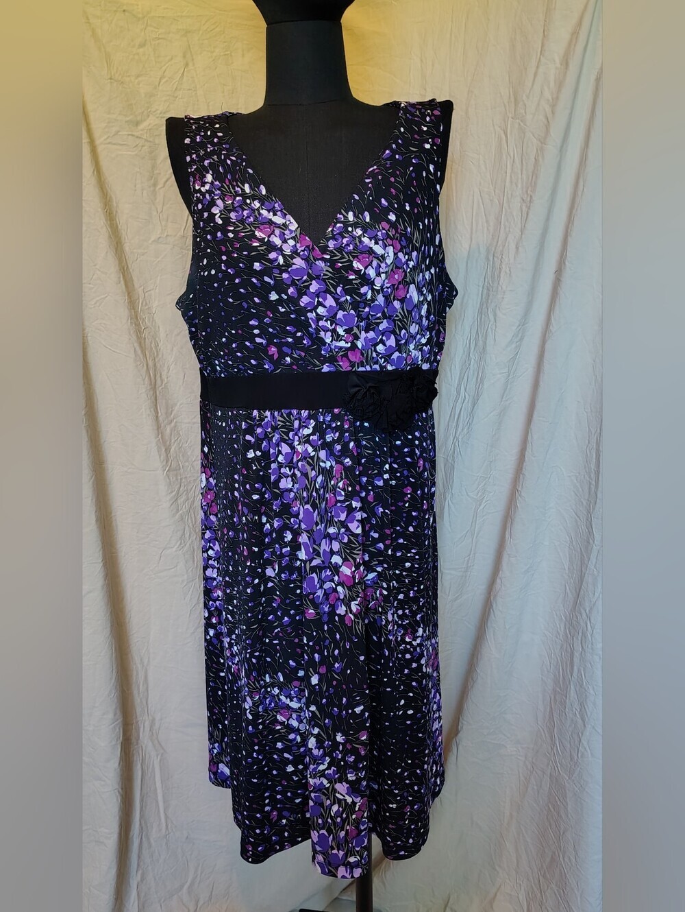 Apt. 9 Black Sleeveless Midi Dress  Purple Lavender Floral Print Women's Large